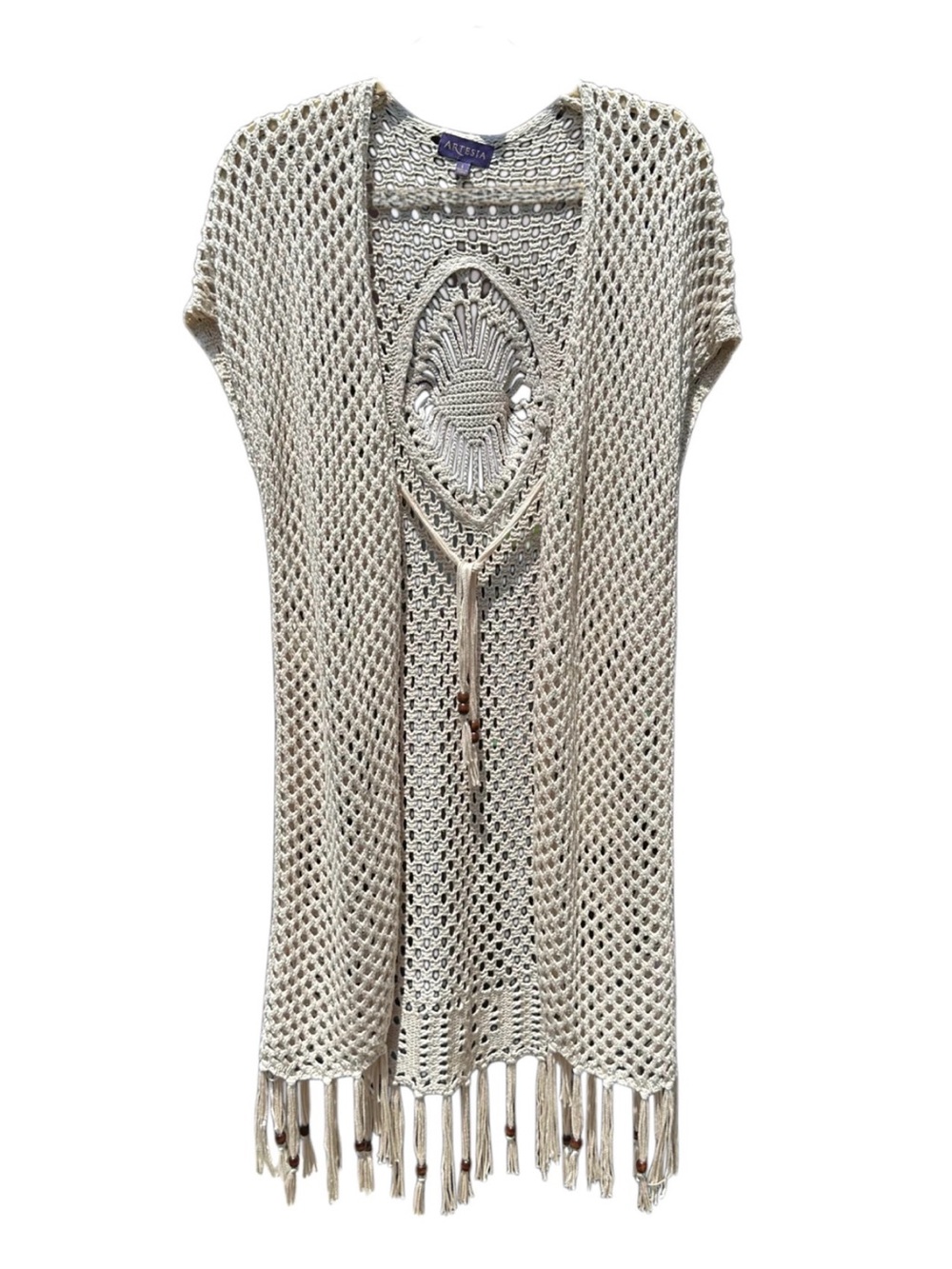 Artesia Womens Large Open Knit Crochet Cardigan Fringe Beaded Boho Duster